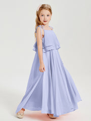 Long Chiffon Junior Bridesmaid Dresses Bowknot Spaghetti Straps Lavender