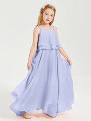 Long Chiffon Junior Bridesmaid Dresses Bowknot Spaghetti Straps Lavender
