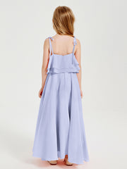 Long Chiffon Junior Bridesmaid Dresses Bowknot Spaghetti Straps Lavender