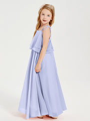 Long Chiffon Junior Bridesmaid Dresses Bowknot Spaghetti Straps Lavender