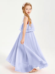Long Chiffon Junior Bridesmaid Dresses Bowknot Spaghetti Straps Lavender