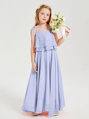 Long Chiffon Junior Bridesmaid Dresses Bowknot Spaghetti Straps Lavender