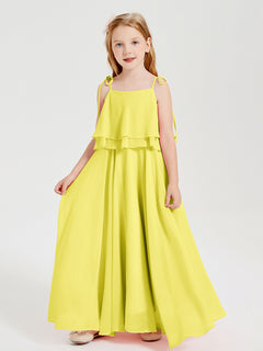 Long Chiffon Junior Bridesmaid Dresses Bowknot Spaghetti Straps Lemon