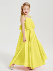 Long Chiffon Junior Bridesmaid Dresses Bowknot Spaghetti Straps Lemon