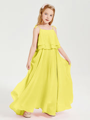 Long Chiffon Junior Bridesmaid Dresses Bowknot Spaghetti Straps Lemon