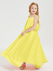 Long Chiffon Junior Bridesmaid Dresses Bowknot Spaghetti Straps Lemon