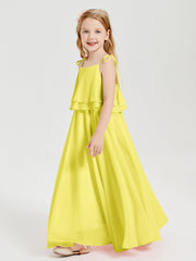 Long Chiffon Junior Bridesmaid Dresses Bowknot Spaghetti Straps Lemon