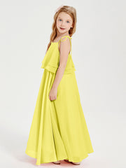 Long Chiffon Junior Bridesmaid Dresses Bowknot Spaghetti Straps Lemon