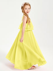 Long Chiffon Junior Bridesmaid Dresses Bowknot Spaghetti Straps Lemon