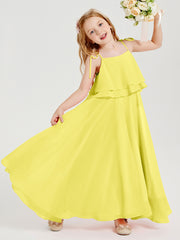 Long Chiffon Junior Bridesmaid Dresses Bowknot Spaghetti Straps Lemon