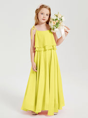 Long Chiffon Junior Bridesmaid Dresses Bowknot Spaghetti Straps Lemon