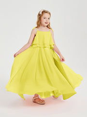 Long Chiffon Junior Bridesmaid Dresses Bowknot Spaghetti Straps Lemon