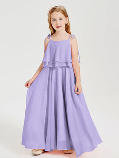 Long Chiffon Junior Bridesmaid Dresses Bowknot Spaghetti Straps Lilac