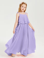 Long Chiffon Junior Bridesmaid Dresses Bowknot Spaghetti Straps Lilac