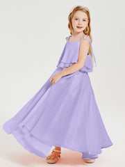 Long Chiffon Junior Bridesmaid Dresses Bowknot Spaghetti Straps Lilac