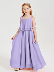 Long Chiffon Junior Bridesmaid Dresses Bowknot Spaghetti Straps Lilac