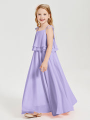 Long Chiffon Junior Bridesmaid Dresses Bowknot Spaghetti Straps Lilac