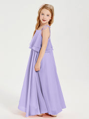 Long Chiffon Junior Bridesmaid Dresses Bowknot Spaghetti Straps Lilac