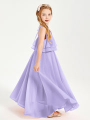 Long Chiffon Junior Bridesmaid Dresses Bowknot Spaghetti Straps Lilac