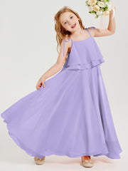 Long Chiffon Junior Bridesmaid Dresses Bowknot Spaghetti Straps Lilac