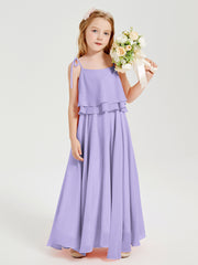 Long Chiffon Junior Bridesmaid Dresses Bowknot Spaghetti Straps Lilac