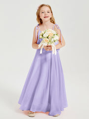 Long Chiffon Junior Bridesmaid Dresses Bowknot Spaghetti Straps Lilac