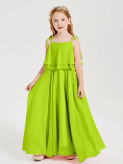 Long Chiffon Junior Bridesmaid Dresses Bowknot Spaghetti Straps Lime Green