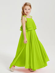 Long Chiffon Junior Bridesmaid Dresses Bowknot Spaghetti Straps Lime Green