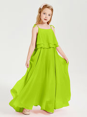 Long Chiffon Junior Bridesmaid Dresses Bowknot Spaghetti Straps Lime Green