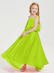 Long Chiffon Junior Bridesmaid Dresses Bowknot Spaghetti Straps Lime Green
