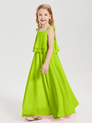 Long Chiffon Junior Bridesmaid Dresses Bowknot Spaghetti Straps Lime Green