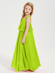 Long Chiffon Junior Bridesmaid Dresses Bowknot Spaghetti Straps Lime Green