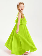 Long Chiffon Junior Bridesmaid Dresses Bowknot Spaghetti Straps Lime Green