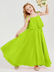 Long Chiffon Junior Bridesmaid Dresses Bowknot Spaghetti Straps Lime Green