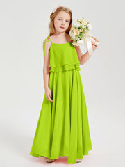 Long Chiffon Junior Bridesmaid Dresses Bowknot Spaghetti Straps Lime Green
