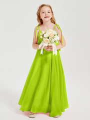 Long Chiffon Junior Bridesmaid Dresses Bowknot Spaghetti Straps Lime Green