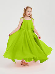 Long Chiffon Junior Bridesmaid Dresses Bowknot Spaghetti Straps Lime Green