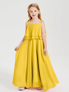 Long Chiffon Junior Bridesmaid Dresses Bowknot Spaghetti Straps Marigold