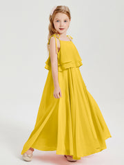 Long Chiffon Junior Bridesmaid Dresses Bowknot Spaghetti Straps Marigold