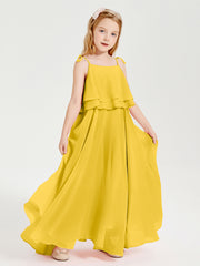 Long Chiffon Junior Bridesmaid Dresses Bowknot Spaghetti Straps Marigold