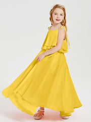 Long Chiffon Junior Bridesmaid Dresses Bowknot Spaghetti Straps Marigold