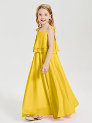 Long Chiffon Junior Bridesmaid Dresses Bowknot Spaghetti Straps Marigold