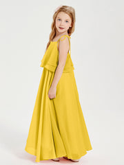 Long Chiffon Junior Bridesmaid Dresses Bowknot Spaghetti Straps Marigold