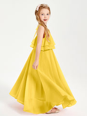 Long Chiffon Junior Bridesmaid Dresses Bowknot Spaghetti Straps Marigold