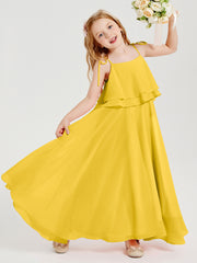 Long Chiffon Junior Bridesmaid Dresses Bowknot Spaghetti Straps Marigold
