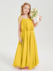 Long Chiffon Junior Bridesmaid Dresses Bowknot Spaghetti Straps Marigold