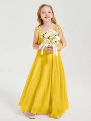 Long Chiffon Junior Bridesmaid Dresses Bowknot Spaghetti Straps Marigold