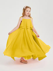Long Chiffon Junior Bridesmaid Dresses Bowknot Spaghetti Straps Marigold