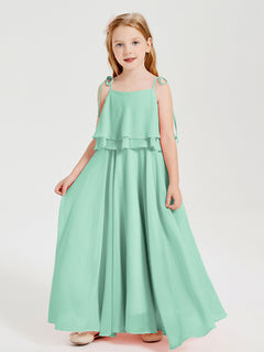 Long Chiffon Junior Bridesmaid Dresses Bowknot Spaghetti Straps Mint Green