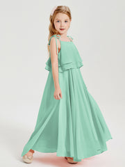Long Chiffon Junior Bridesmaid Dresses Bowknot Spaghetti Straps Mint Green